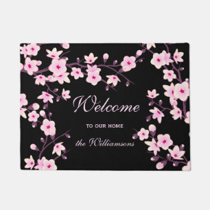 Cherry Blossoms Pink Black Welcome Family Name Doormat