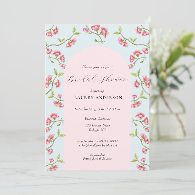 Cherry Blossoms Pink & Blue Bridal Shower  Invitation (Standing Front)