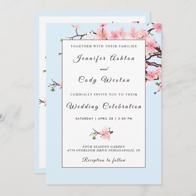 Cherry Blossoms Pink Blue Wedding Invitation Card (Front/Back)
