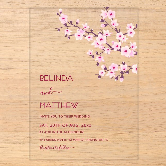 Cherry Blossoms Pink Clear Casual Wedding Acrylic Invitations (Front)