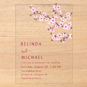 Cherry Blossoms Pink Clear Casual Wedding Acrylic Invitations