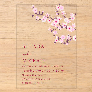 Cherry Blossoms Pink Clear Casual Wedding Acrylic Invitations