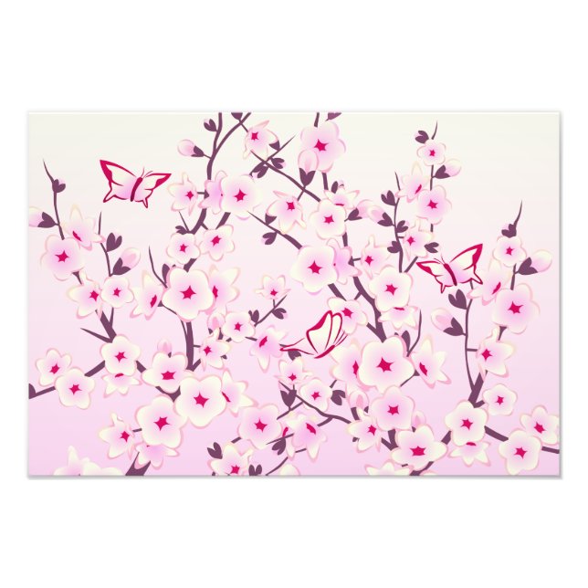 Cherry Blossoms Pink Floral Butterflies Photo Print (Front)