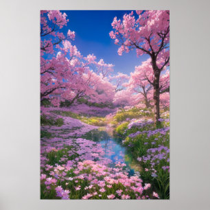 Cherry Blossoms, Pink Flowers, and a Gentle Stream Poster