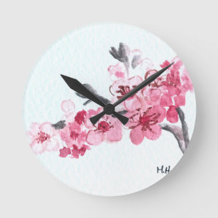 Cherry blossoms pink flowers round clock