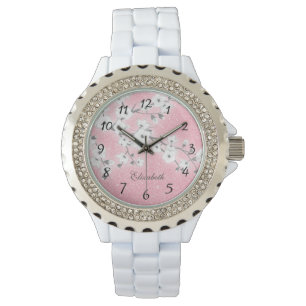 Cherry Blossoms Pink Glitter   Girly Monogram  Watch