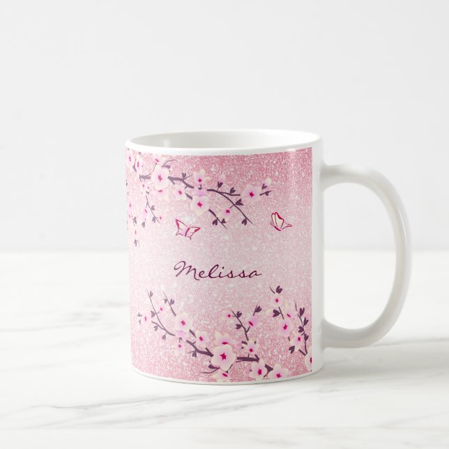 Cherry Blossoms Pink Glitter Monogram Coffee Mug (Right)