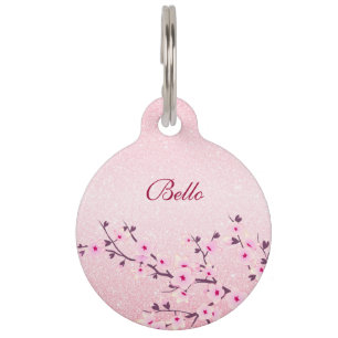 Cherry Blossoms Pink Glitter Personalise Pet Tag