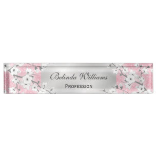 Cherry Blossoms Pink Glitter Silver Nameplate
