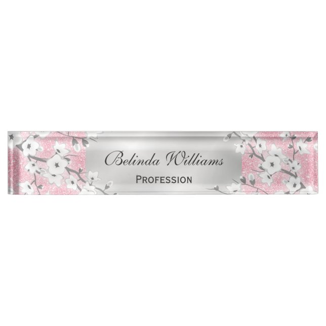 Cherry Blossoms Pink Glitter Silver Nameplate (Front)
