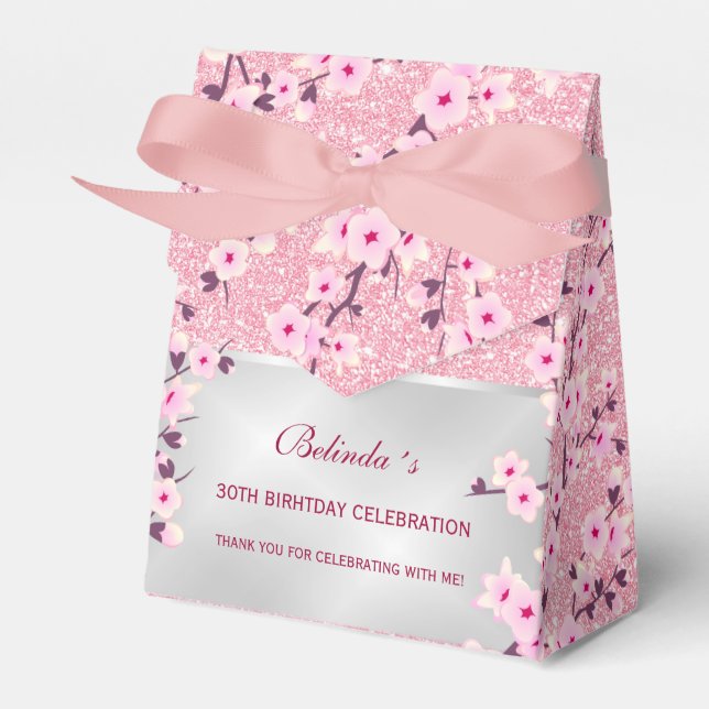 Cherry Blossoms Pink Glitter Thank Your Birthday Favour Box (Front Side)
