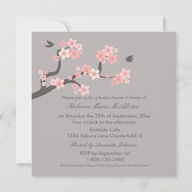 Cherry Blossoms Pink/Grey Bridal Shower Invite (Front)