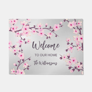 Cherry Blossoms Pink Grey Family Name Welcome Doormat