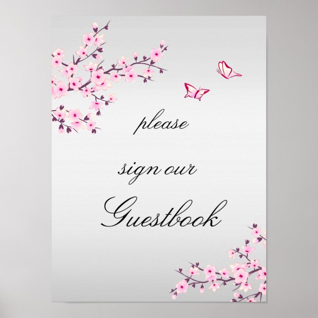 Cherry Blossoms Pink Grey Sign Guestbook  (Front)