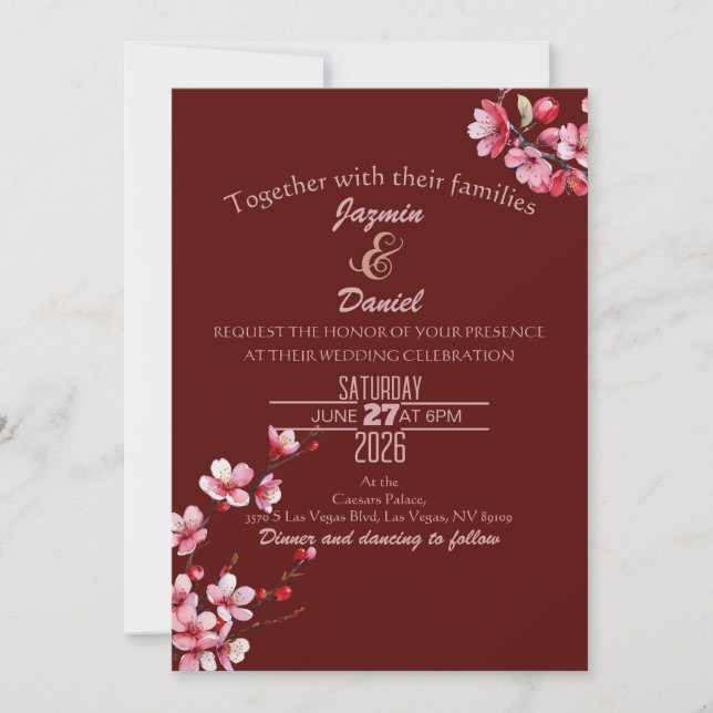 Cherry Blossoms Pink Maroon  Invitation (Front)