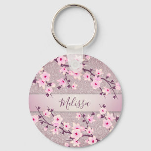 Cherry Blossoms Pink Mauve Glitter Key Ring