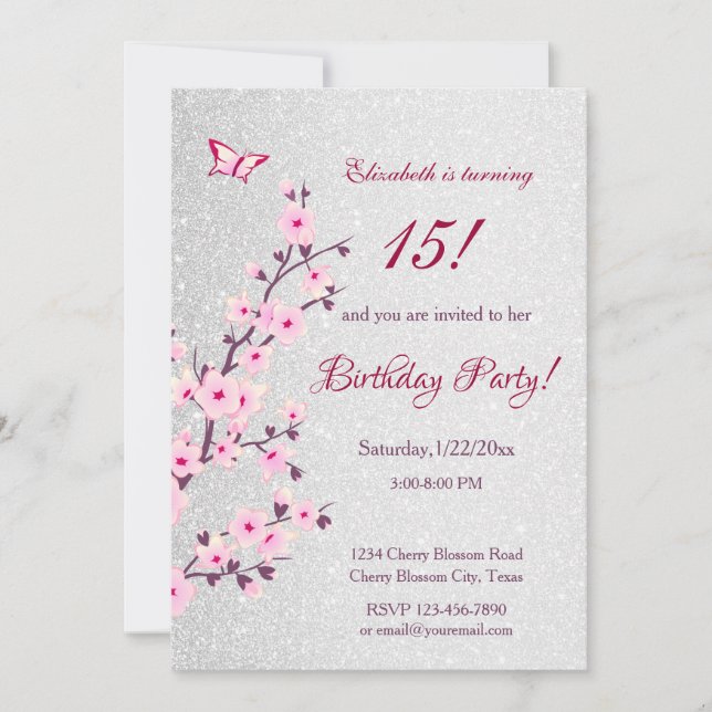 Cherry Blossoms Pink Silver Glitter  Birthday Invitation (Front)