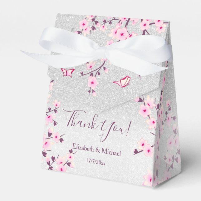 Cherry Blossoms Pink Silver Glitter Custom Wedding Favour Box (Front Side)