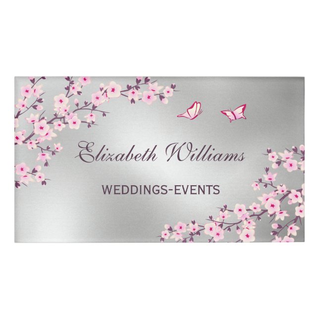 Cherry Blossoms Pink Silver Wedding Planner  Name Tag (Front)