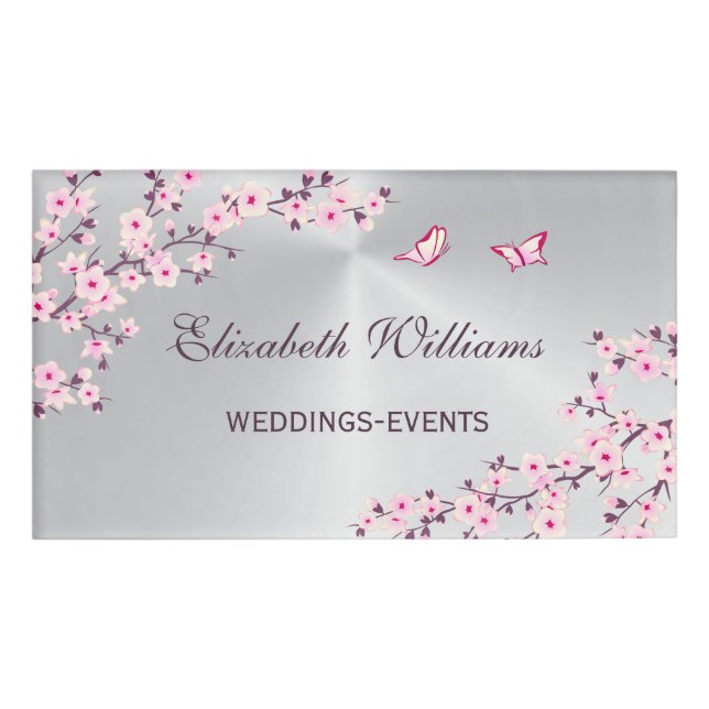 Cherry Blossoms Pink Silver Wedding Planner  Name Tag (Front)