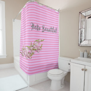Cherry Blossoms Pink Strips Hello Beautiful! Shower Curtain