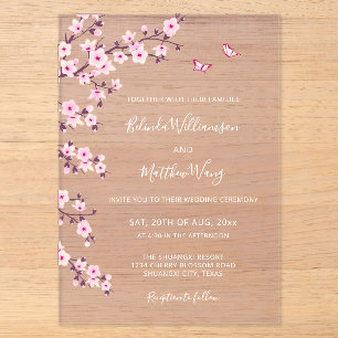 Cherry Blossoms Pink Transparent Wedding Acrylic Invitations