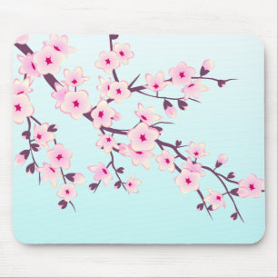 Cherry Blossoms Pink Turquoise Floral Mouse Pad