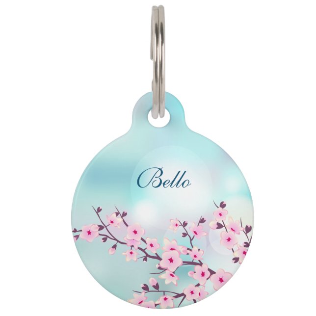 Cherry Blossoms Pink Turquoise  Personalise Pet Tag (Front)