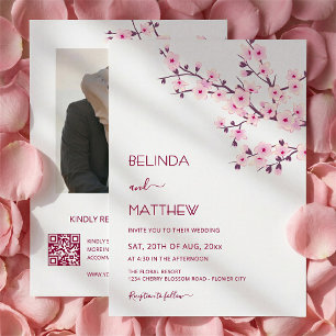 Cherry Blossoms Pink White Casual Wedding Invitation
