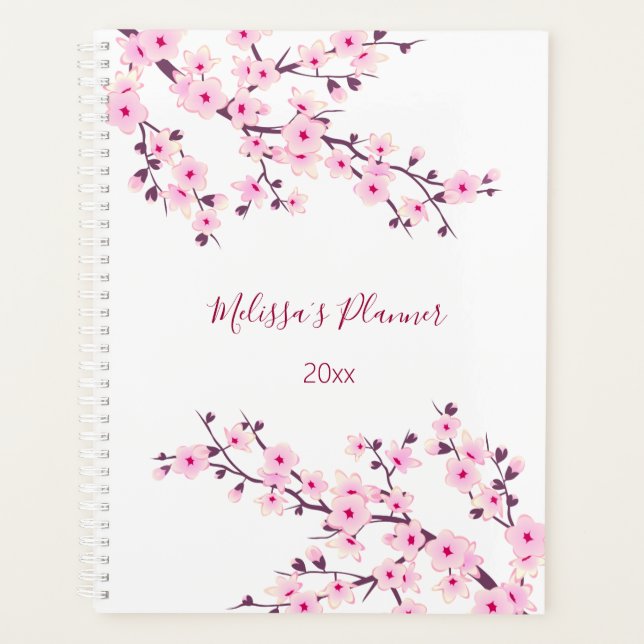 Cherry Blossoms Pink White Custom Planner (Front)