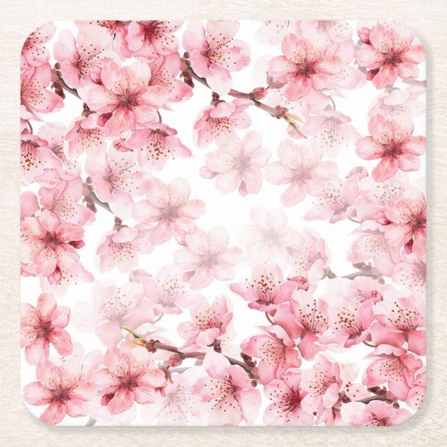 Cherry Blossoms Pink White Custom Square Paper Coaster (Front)