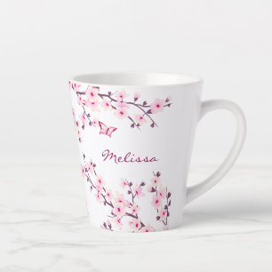Cherry Blossoms Pink White Monogram Latte Mug
