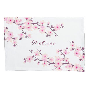 Cherry Blossoms Pink White Monogram Pillowcase