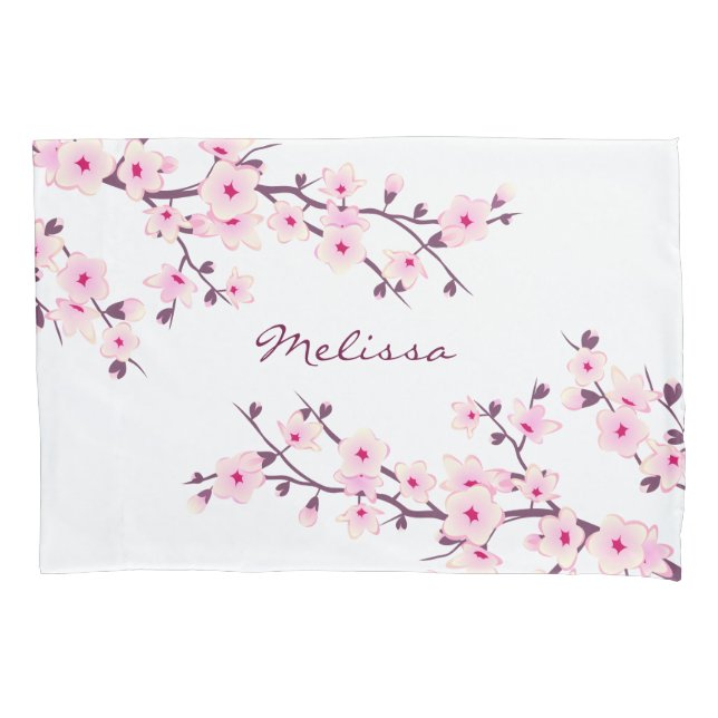 Cherry Blossoms Pink White Monogram Pillowcase (Front)