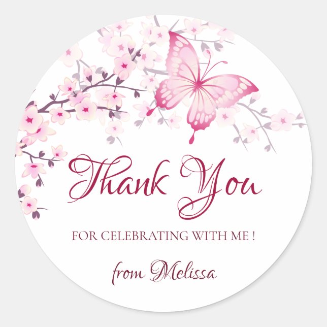 Cherry Blossoms Pink White Thank You Classic Round Sticker (Front)