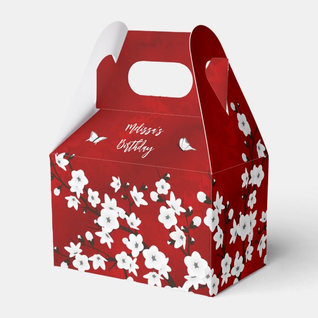 Cherry Blossoms Red Black White Custom Birthday Favour Box (Front Side)