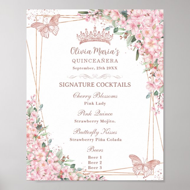 Cherry Blossoms Rose Gold Butterflies Drink Menu Poster (Front)