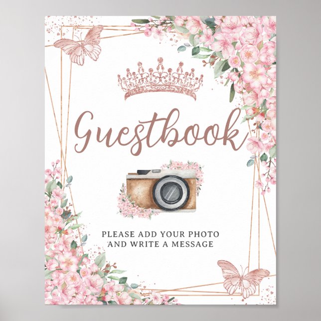 Cherry Blossoms Rose Gold Butterflies Guestbook (Front)