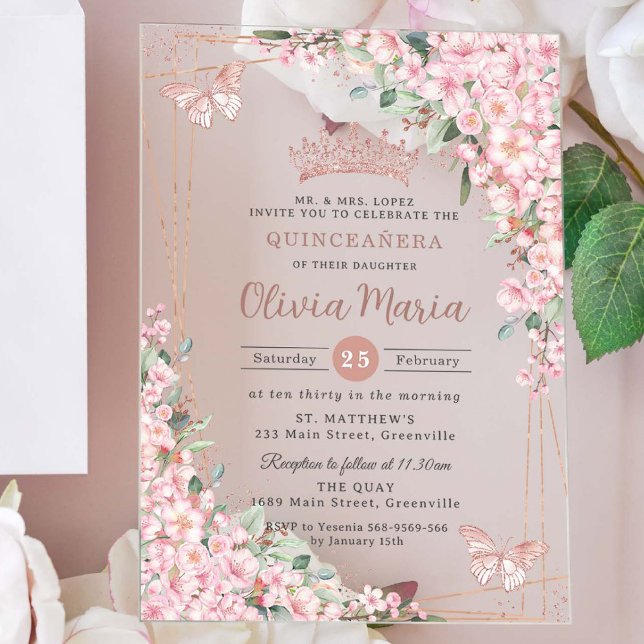 Cherry Blossoms Rose Gold Butterflies Quinceañera Acrylic Invitations (Creator Uploaded)