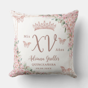 Cherry Blossoms Rose Gold Butterflies Quinceanera Cushion