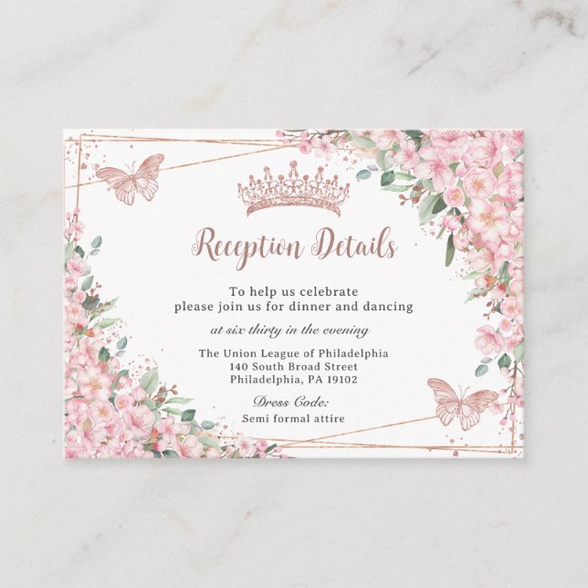 Cherry Blossoms Rose Gold Butterflies Quinceañera Enclosure Card (Front)