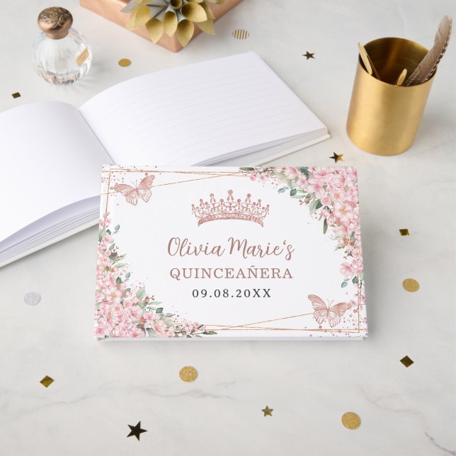 Cherry Blossoms Rose Gold Butterflies Quinceanera  Guest Book (Front Open)