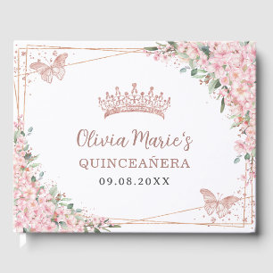 Cherry Blossoms Rose Gold Butterflies Quinceanera  Guest Book