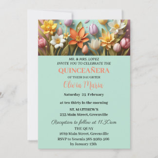 Cherry Blossoms Rose Gold Butterflies Quinceañera  Invitation