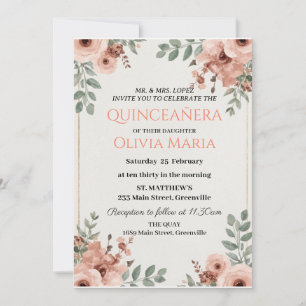Cherry Blossoms Rose Gold Butterflies Quinceañera  Invitation