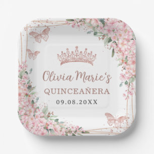 Cherry Blossoms Rose Gold Butterflies Quinceanera Paper Plate