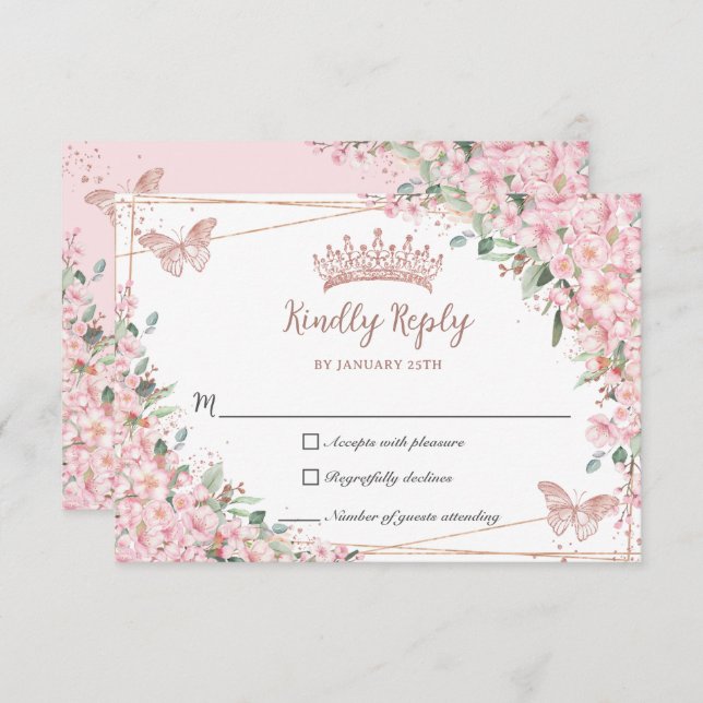 Cherry Blossoms Rose Gold Butterflies Quinceañera RSVP Card (Front/Back)