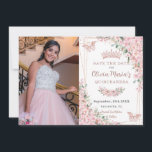 Cherry Blossoms Rose Gold Butterflies Quinceañera Save The Date<br><div class="desc">Personalise this pretty cherry blossoms Quinceañera / Sweet 16 birthday photograph save the date easily and quickly. Simply click the customise it further button to edit the texts, change fonts and fonts colours. Featuring beautiful watercolor cherry blossoms flowers, rose gold butterflies and a rose gold geometric frame. Matching items available...</div>