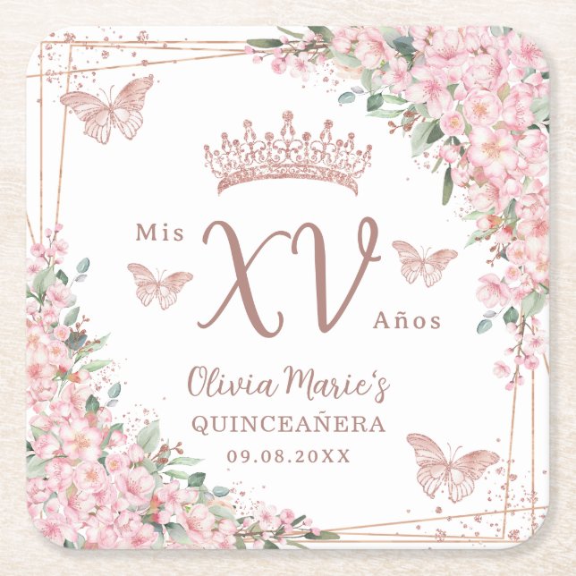 Cherry Blossoms Rose Gold Butterflies Quinceanera Square Paper Coaster (Front)