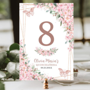 Cherry Blossoms Rose Gold Butterflies Quinceañera Table Number
